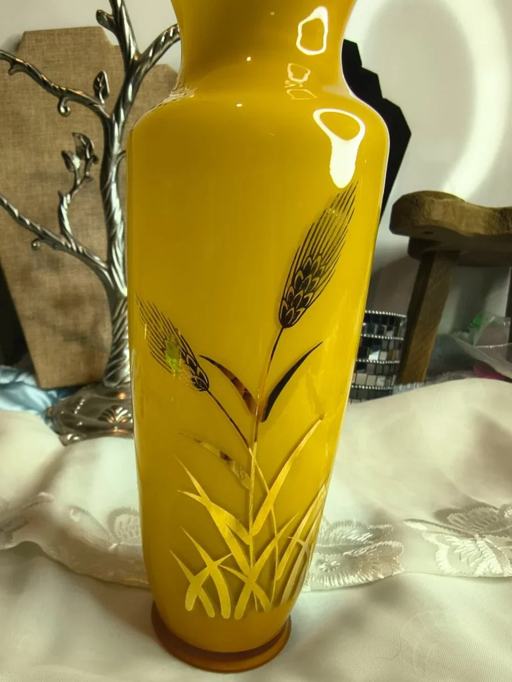 Yellow and Gold White Encased Wheat Mid Century Vase